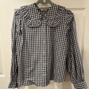 Blue and White Plaid Blouse with Ruffled Collar